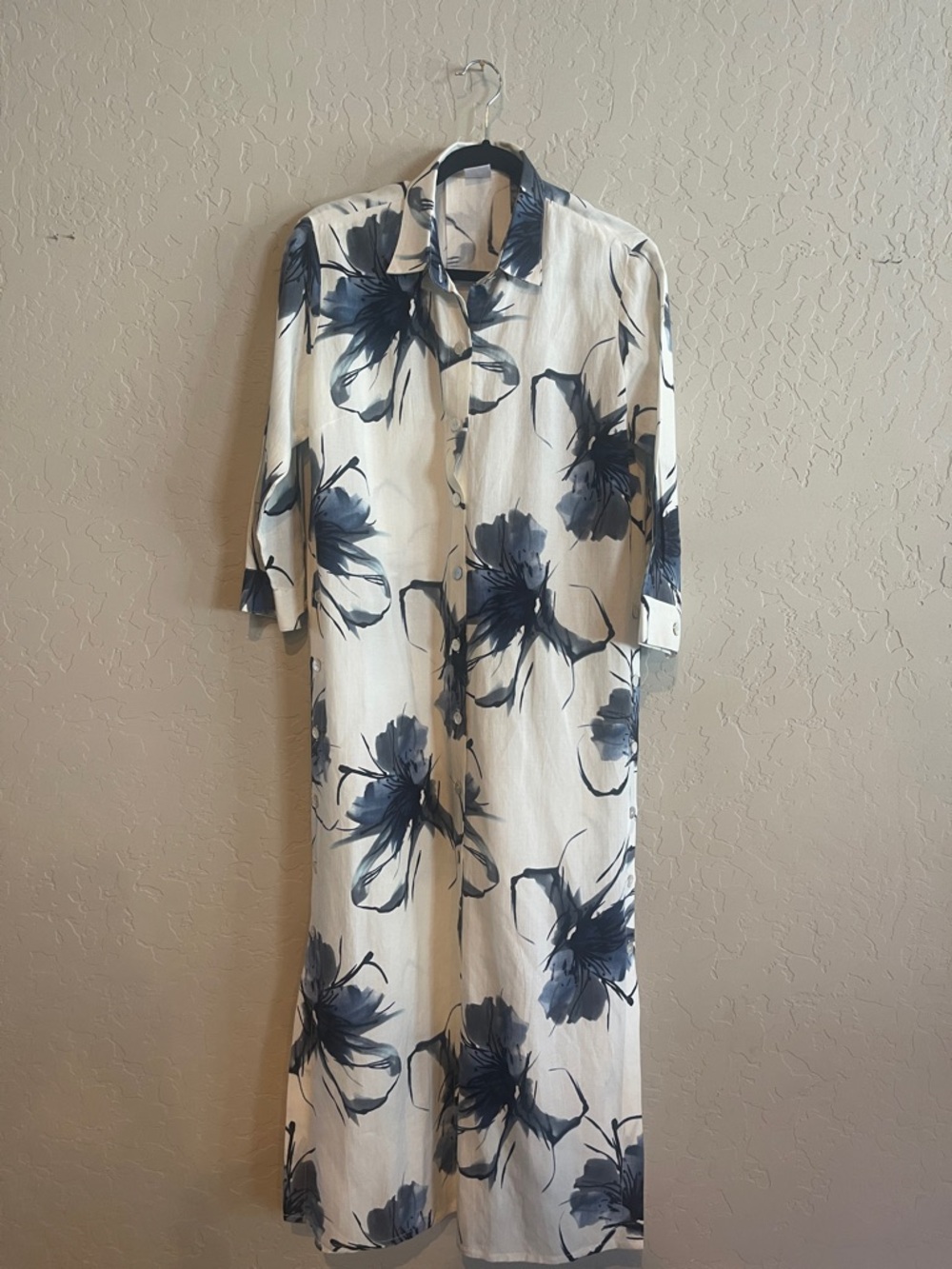 Long White Button-Up Dress with Navy Floral Print